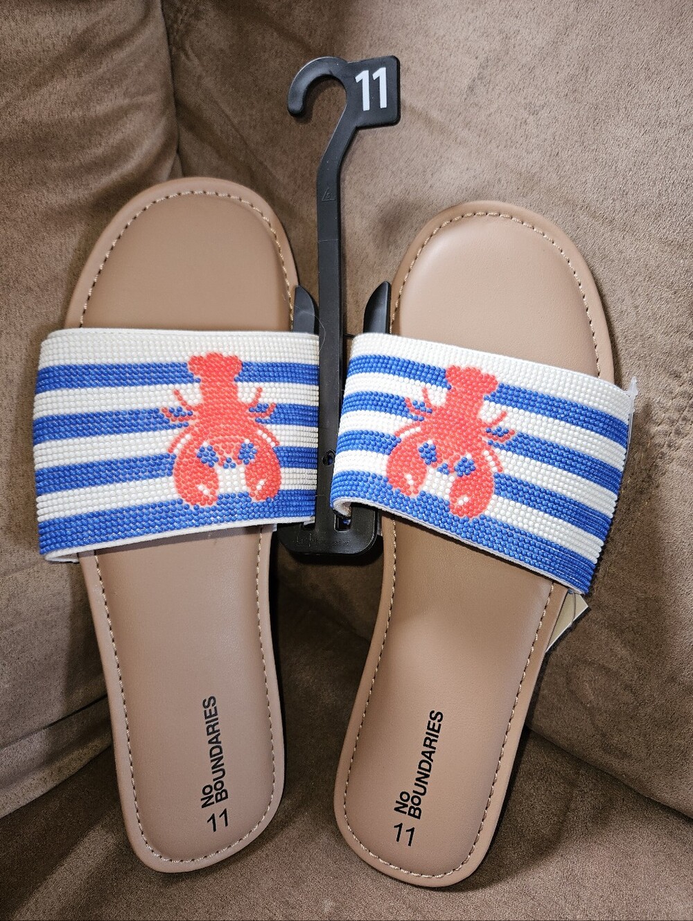 NWT No Boundaries Sz 11 Slide Sandals w/Blue-White Striped Beaded Lobster Strap